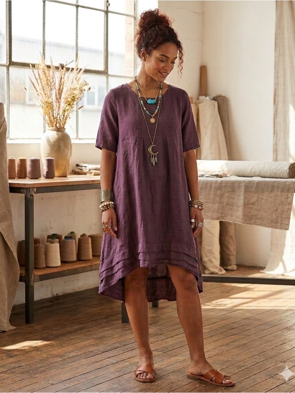 Lin by Strada Linen Asymmetrical Dress in Dusty Plum